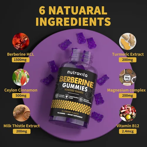 Miniatura 6 de Nutravita Gomitas de berberina con canela de Ceilán, 1500 mg de berberina de alta potencia, suplemento para apoyo inmunológico y metabolismo