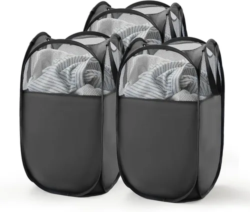 Miniatura 38 de TECHMILLY Cesta plegable de malla para la ropa sucia con asas resistentes y bolsillo lateral, cestas plegables portátiles para ropa para dormitorio
