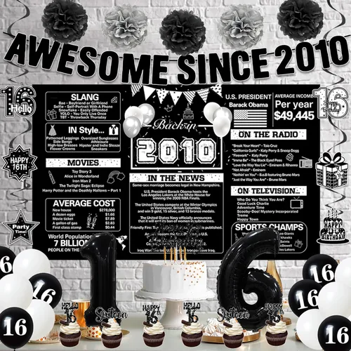 Miniatura 8 de Crenics Decoraciones negras de cumpleaños número 16 para niños y niñas, telón de fondo del año 2010, impresionante desde 2010, pompones de papel