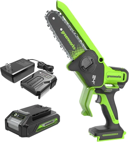 Miniatura 14 de Greenworks Mini motosierra sin escobillas de 24 V y 4 pies (engrasador automático, tensión sin herramientas, ultraligera), batería y cargador