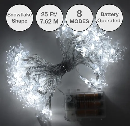 Miniatura 8 de Holiday Essence - Cadena de luces de Navidad en forma de copo de nieve, 50 luces LED blancas frías, 8 modos, 25 pies, juego de luces