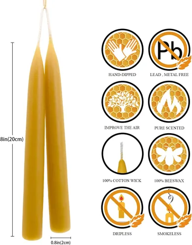 Miniatura 2 de DEYBBY - Juego de 2 velas cónicas de cera de abeja natural de 8 pulgadas, sin humo y sin goteo, para decoración de cena del hogar, regalo