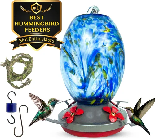 Miniatura 9 de Comedero de colibrí – Cristal soplado HQ – Nectar de alta capacidad – Colores vibrantes que atraen colibríes – Kit de montaje gratuito, Explosión