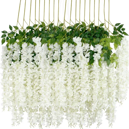 Miniatura 17 de Flores colgantes de glicinia, 12 paquetes de flores artificiales, vid de glicinia falsa de ratán, guirnalda colgante de seda, flores de cuerda