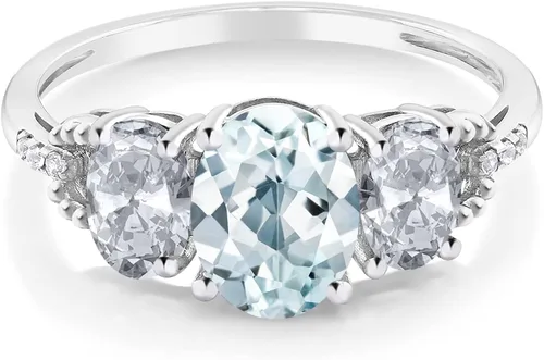 Miniatura 2 de Gem Stone King Anillo de compromiso de oro blanco de 10 quilates con topacio blanco aguamarina y diamante con acento de 3 piedras para mujer