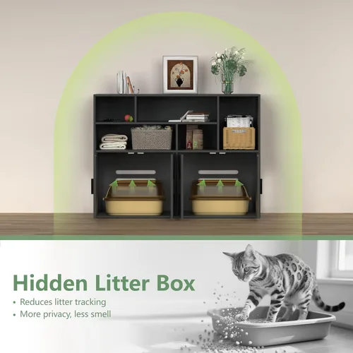 Miniatura 3 de Amunbrek - Caja de arena doble con alfombrilla para arañazos y luz con sensor de movimiento, moderna caja de arena de madera para 2 cajas de arena
