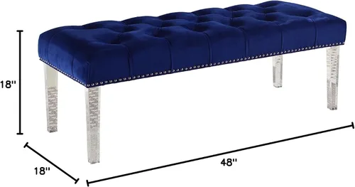 Miniatura 3 de Yafelle - Banco tapizado de terciopelo de 48 pulgadas con asiento copetudo, borde plateado con cabeza de clavo y 4 patas de acrílico transparente
