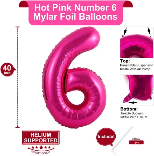 Miniatura 2 de Globo rosa intenso de 40 pulgadas con el número 6, de gran tamaño, de papel de aluminio de Mylar de gran tamaño, globos de helio rosa brillante