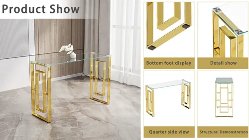 Miniatura 6 de SSLine Mesa consola de vidrio templado, mesa de sofá de cristal transparente con marco de acero inoxidable, mesas de entrada doradas para pasillo