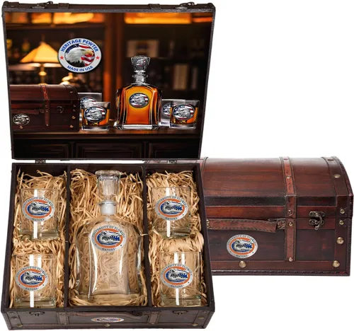 Miniatura 25 de Heritage Pewter Alabama Capitol - Juego de baúl Recipiente de líquido de 24 onzas con 4 vasos de agua Vidrio de peltre elaborado por expertos