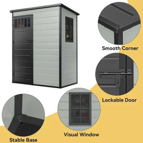 Miniatura 4 de DWVO Cobertizo de almacenamiento para exteriores de 5 x 3 pies con estilo de valla y ventanas laterales, piso y puertas con cerradura, cobertizo