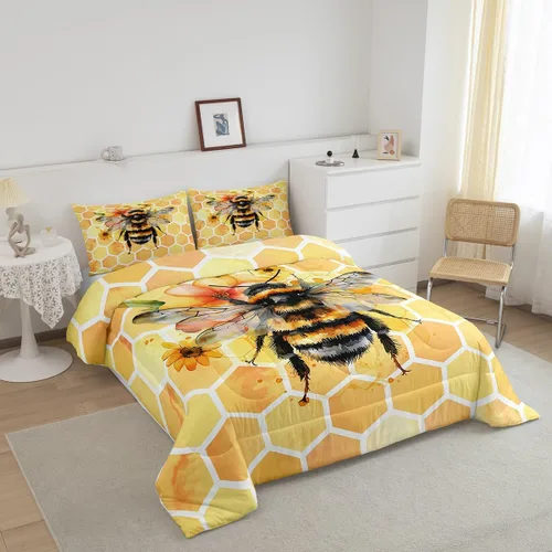 Miniatura 2 de Erosebridal Honey Bee - Juego de edredón tamaño individual, color negro y dorado, juego de edredón de animales lindos con diseño geométrico de panal