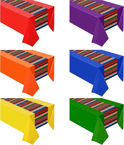 Miniatura 13 de Oudain Mantel de plástico para fiesta, 3 piezas, 108 x 54 pulgadas, desechables, impermeables, mexicanos, a rayas, para noche de tacos, festivales