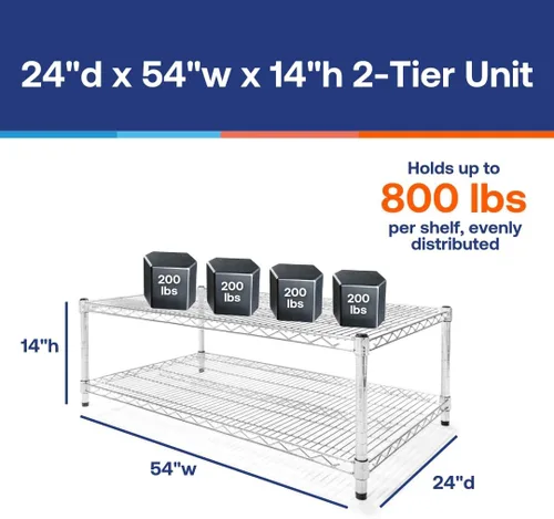 Shelving Inc. Estantería de alambre cromado de 24 pulgadas de profundidad x 54 pulgadas de ancho con estantes de 2 niveles, capacidad de peso de 800