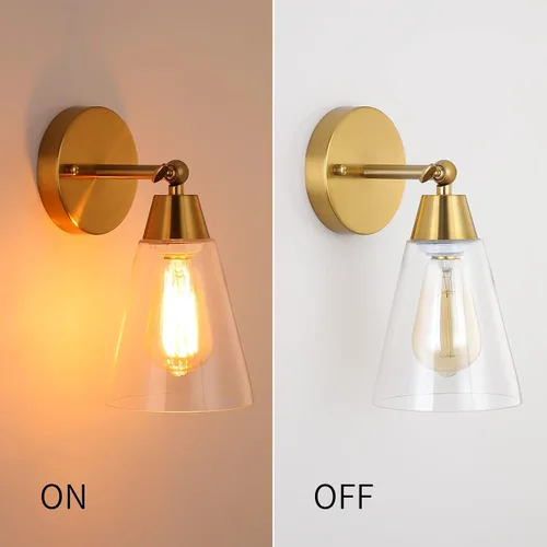 Miniatura 7 de MWZ Juego de 2 apliques de pared dorados, modernos apliques de latón cepillado con pantalla de vidrio transparente, accesorios de iluminación
