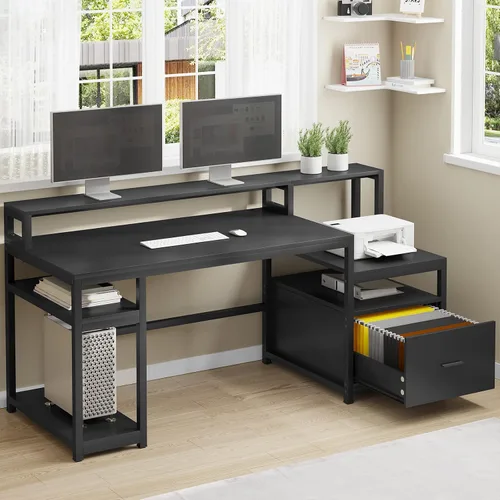 Miniatura 18 de SEDETA Escritorio para oficina en casa con cajón de archivos y toma de corriente, escritorio grande para computadora de 75' con 5 cajones, estantes