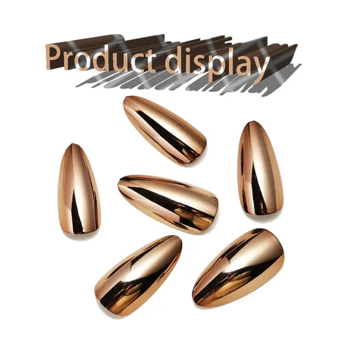 Miniatura 5 de Uñas postizas a presión cromadas de bronce y almendra mediana, uñas postizas de aguja con diseño brillante, uñas postizas acrílicas de metal