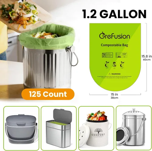 Miniatura 2 de GreFusion Bolsas compostables para cubo de compost de cocina, 1.2 galones, 125 unidades, certificadas por BPI y ASTM, a prueba de fugas y control