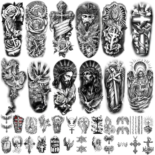 Miniatura 12 de 77 hojas de tatuajes temporales para hombres y mujeres, 17 hojas de tatuajes falsos de medio brazo, pecho y hombro, 60 hojas de tatuajes negros