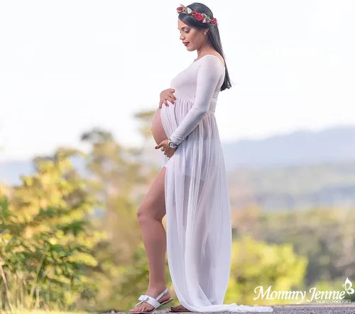 Miniatura 3 de Mommy Jennie Vestido de maternidad con hombros descubiertos, manga larga, frente dividido, vestido de gasa para sesión de fotos