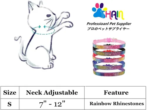 Miniatura 2 de THAIN Bling cat Collar de gatito Rainbow Rhinestone Breakaway Diamond con campana Terciopelo suave liberación rápida (negro)