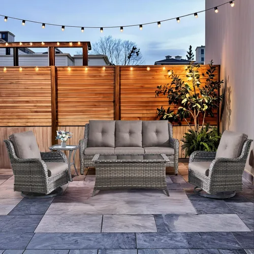 Miniatura 16 de HUMMUH Sillas Mecedoras Giratorias de Mimbre para Patio Exterior con Respaldo Alto, Sillas Deslizantes de Ratán PE, Juego de Muebles de Patio de 4