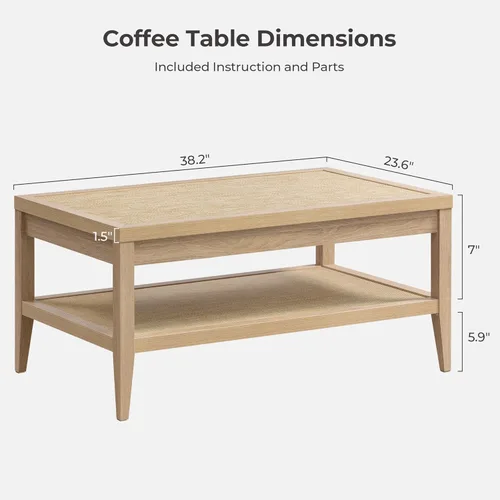 Miniatura 3 de SICOTAS - Mesa de café de ratán para sala de estar - Mesa central de comedor rectangular de estilo bohemio con estante de almacenamiento de ratán