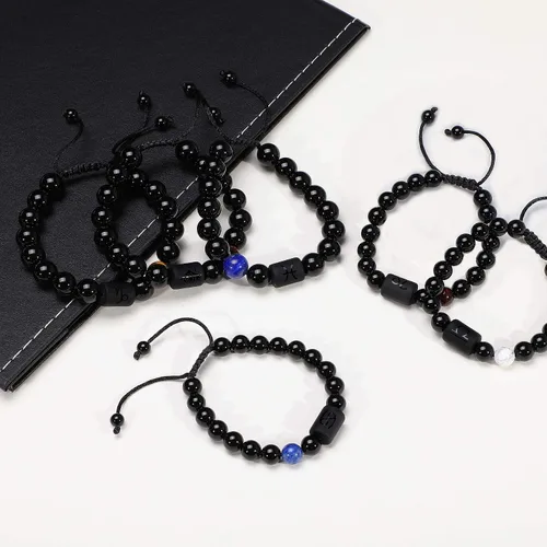 Miniatura 6 de Pulsera del zodiaco para hombres y mujeres, 0.315 pulgadas, 0.394 pulgadas, piedra blancanegra, bendición de la suerte, con cuentas, signo
