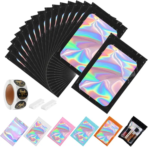 Miniatura 16 de Paquete de 150 bolsas holográficas de Mylar de 5 x 8 pulgadas con ventana transparente, pequeñas bolsas de papel de aluminio resellables