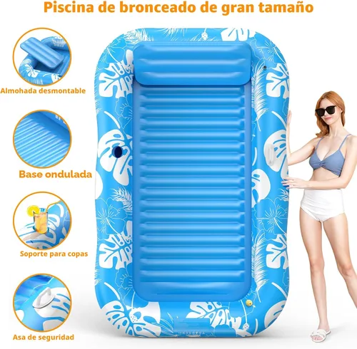 Miniatura 6 de Inflatable Tanning Pool Lounger Float with Sprinkler, 77" x 48" Pool Floats Adult with Pillow, 6 in 1 Suntan Tub Raft Floatie with Drink Holder