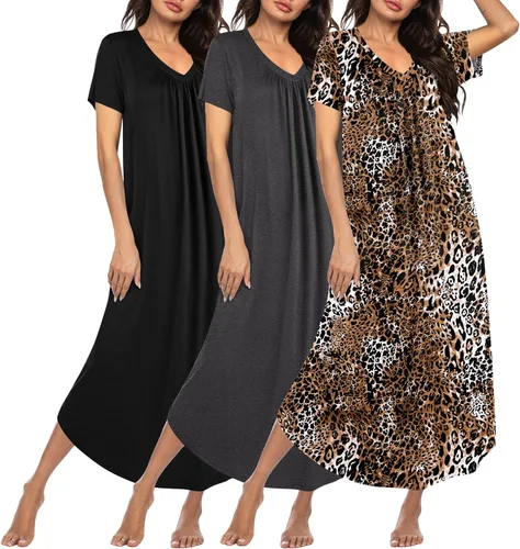 Miniatura 10 de Ekouaer Paquete de 3 camisones largos para mujer, talla grande, vestido de casa de manga corta, cuello en V, camisón casual, M-5XL