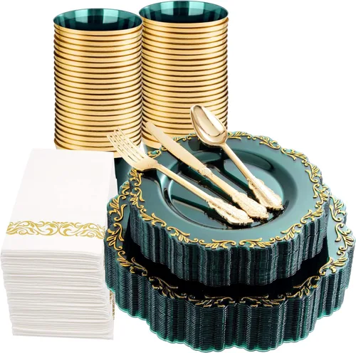 Miniatura 12 de PULOTE 175 platos de plástico verde – Plástico transparente con borde verde desechable – Incluye 25 platos de cada uno (cena y postre), 75