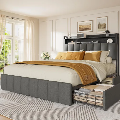 Miniatura 9 de PRAISUN Base de cama de tamaño matrimonial con cabecera tapizada y estación de carga, marco de cama de metal de tamaño matrimonial con 4 cajones