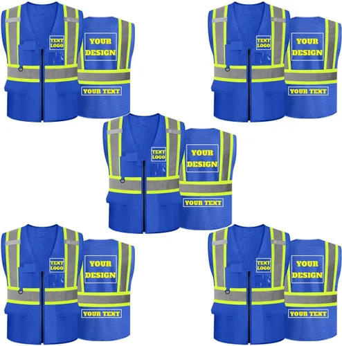 Miniatura 9 de Chaleco de seguridad reflectante de malla con logotipo personalizado Clase 2 con 5 bolsillos y cremallera Amarillo-5pack