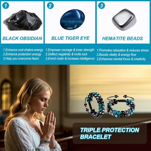 Miniatura 3 de MIDON - Pulsera de ojo de tigre, pulsera de triple protección para hombres y mujeres, hecha a mano, cuentas de ojo de tigre, hematita y obsidiana