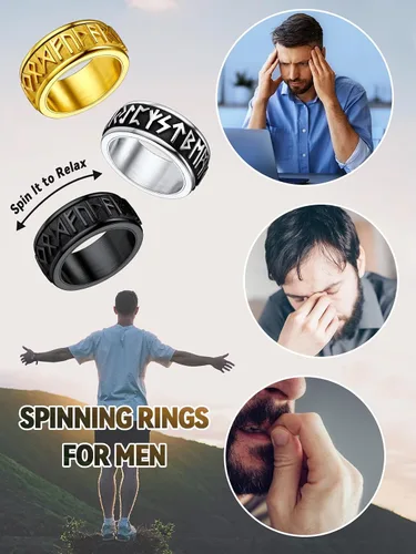 Miniatura 4 de FaithHeart Anillo giratorio nórdico vikingo con runas de acero inoxidable chapado en oro para hombres y mujeres, puede grabar personalizado