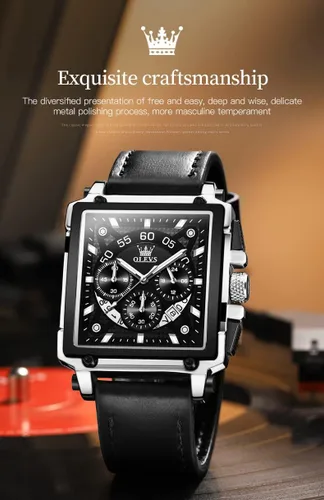 Miniatura 7 de OLEVS Relojes cuadrados para hombre, cronógrafo de cuero marrón, reloj de negocios de moda, luminoso, impermeable, relojes de pulsera casuales