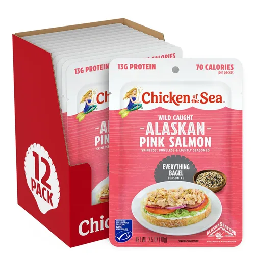 Chicken of the Sea Salmón rosa de Alaska, paquetes de 2.5 oz. (Caja de 12), salmón capturado en la naturaleza, condimento para bagel de todo tipo
