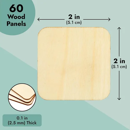 Miniatura 4 de Paquete de 60 cuadrados de madera de 2 x 2 para manualidades, recortes de madera sin terminar de 0.098 in con esquinas redondeadas