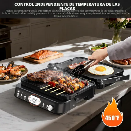 Miniatura 4 de CATTLEMAN Plancha para Parrilla Panini Sandwichera con Placas Extraíbles, 1600W, Waflera 6 en 1 y Parrilla Eléctrica para Interiores con Termómetro