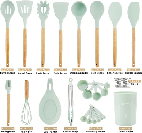 Miniatura 7 de QMVESS Juego de utensilios de cocina de silicona, 35 piezas, antiadherentes, aislamiento resistente, mango de madera, accesorios de cocina
