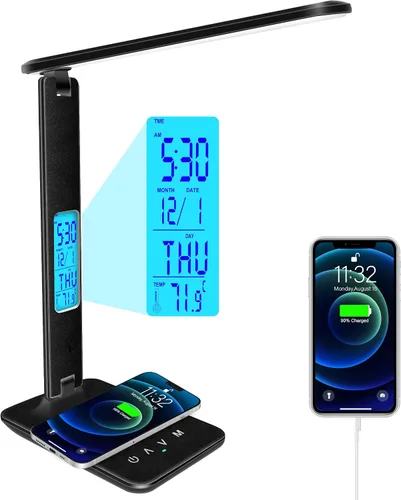 Miniatura 9 de snsok Lámpara de escritorio con cargador inalámbrico, puerto de carga USB, luz de escritorio de oficina regulable con reloj, alarma, fecha, Blanco