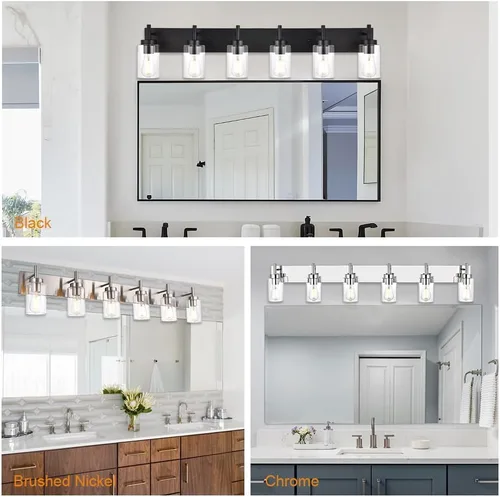 Miniatura 7 de Juego de luz de tocador de baño de 6 luces, lámpara de pared moderna negra con pantalla de vidrio transparente, apliques industriales, lámpara Negro