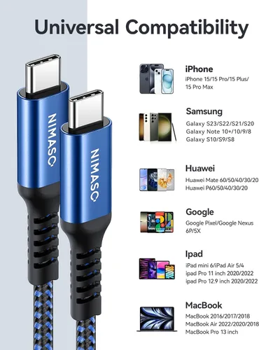 Miniatura 6 de NIMASO Paquete de 4 cables USB C a USB C de 60 W [10 pies+6.6 pies + 3.3 pies + 1 pie], cable de carga USB tipo C compatible con Samsung Galaxy Azul
