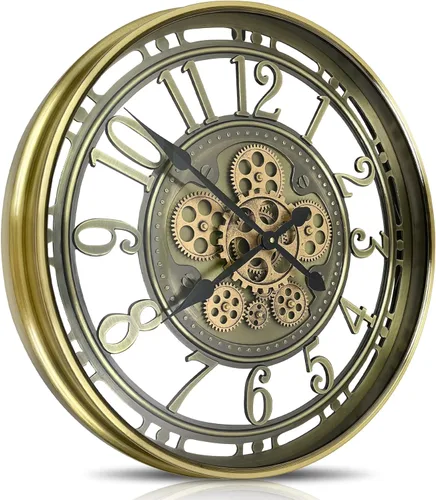 Miniatura 9 de Real Moving Gears - Reloj de pared grande y moderno de metal con engranajes móviles reales para decoración de sala de estar, estilo industrial Cobre