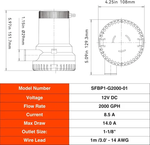 Miniatura 11 de Bomba de achique SEAFLO Serie 01 de 2000 GPH – 12V, salida de 1-1/8", bomba sumergible marina con protección anti-airlock, certificada CE y Rohs