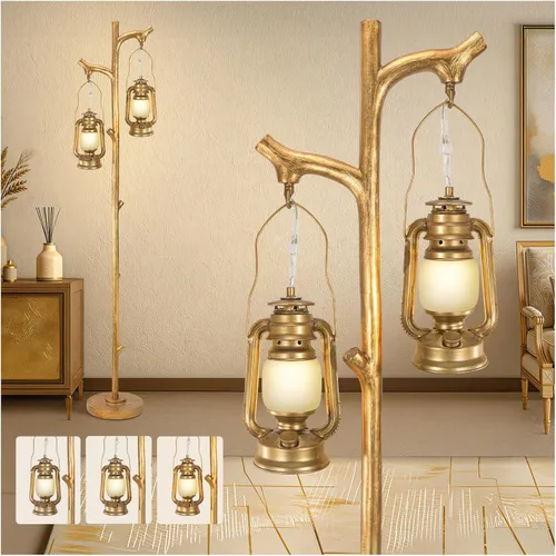 Miniatura 14 de Scenekoy Lámpara de pie vintage de 68 pulgadas de alto con linternas, lámpara de pie retro con acabado de tronco de árbol y cuerpo de resina, Latón