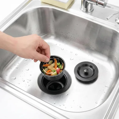Miniatura 2 de LQS Conjunto de drenaje para fregadero de cocina, colador de fregadero de cocina con cesta de basura extraíble profunda, colador de cesta de Negro