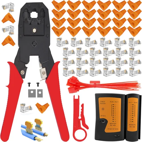 Miniatura 6 de TAIWAIN Juego de herramientas de crimpado de red RJ45 CAT5 CAT6, cortador de crimpado de pelacables de paso para cable LAN, kit de conector de Rojo