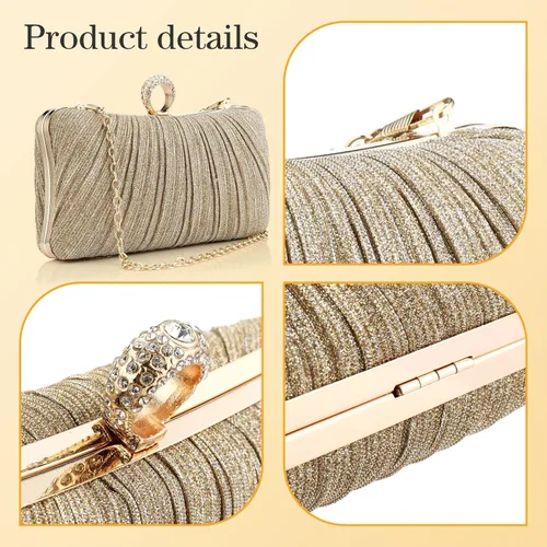 Miniatura 2 de Bolso de mano para mujer, plisado con purpurina y bolsa de noche con diamantes de imitación, para novia, boda, fiesta